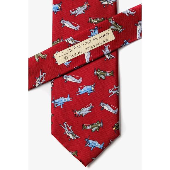 Alynn WWII Fighter Planes 100% Silk Red Necktie 3.25" x 58" Military Aircraft - Picture 4 of 6